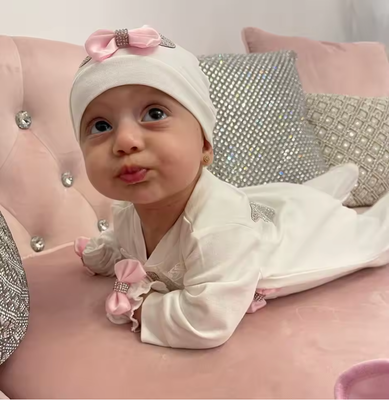 Handmade luxury Newborn Home Welcoming 5-Piece set ( Pink bow, Silver crown) With Shoes and Blanket