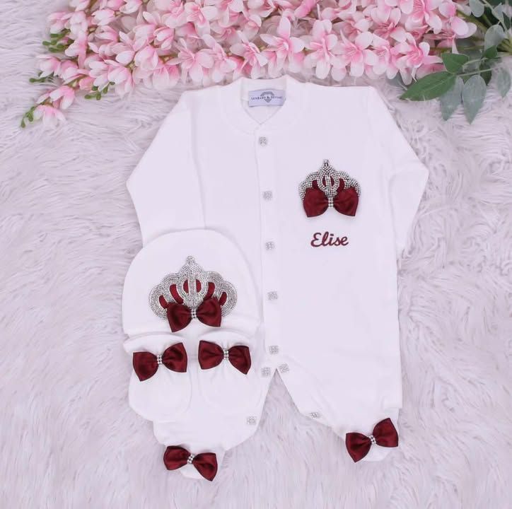 Exclusive Royal 3Piece Baby Hospital Exit Bling Outfit  (maroon satin bow /  silver crown)