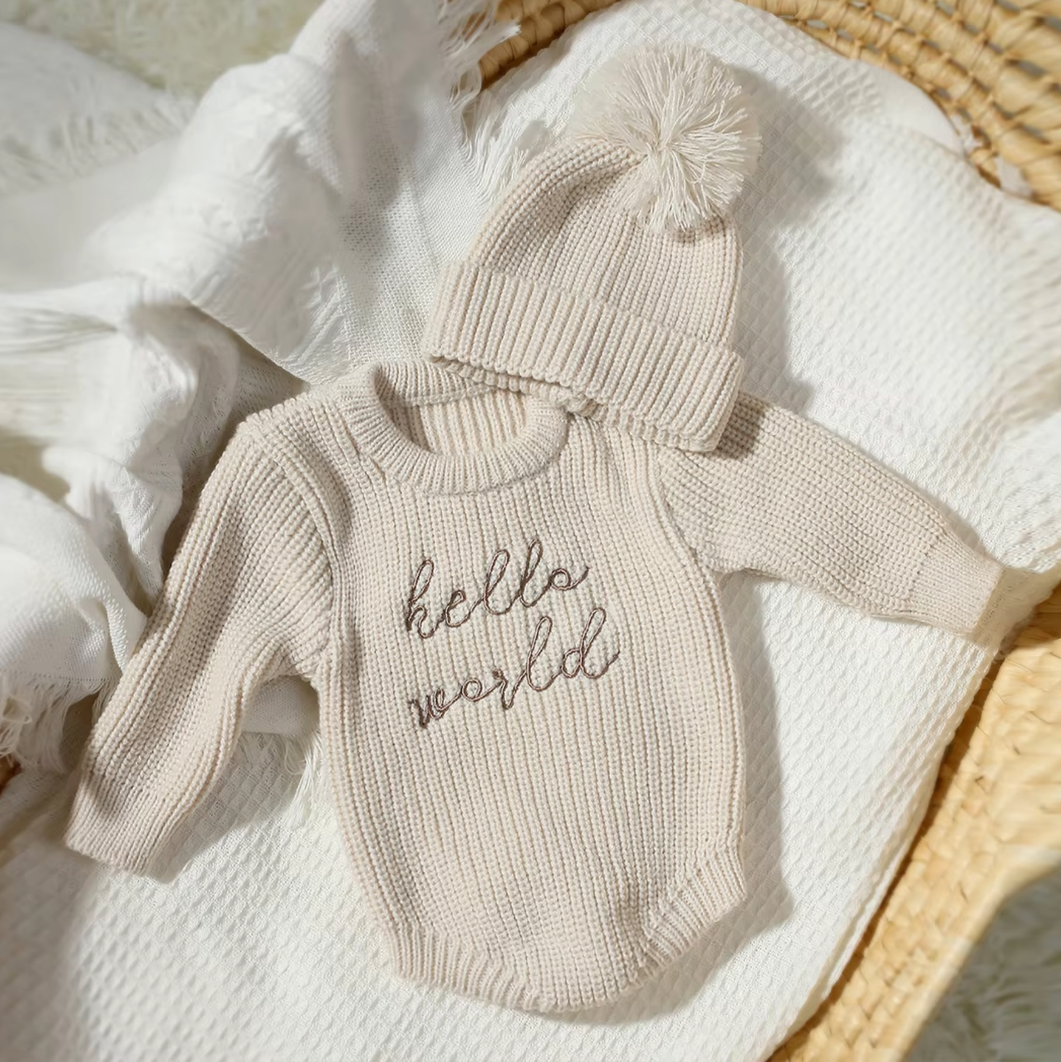 ''Hello World'' Knitted Romper and Beanie set