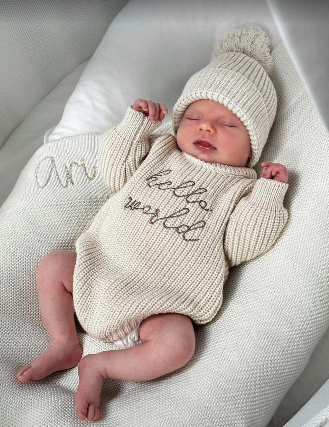 &#39;&#39;Hello World&#39;&#39; Knitted Romper and Beanie set