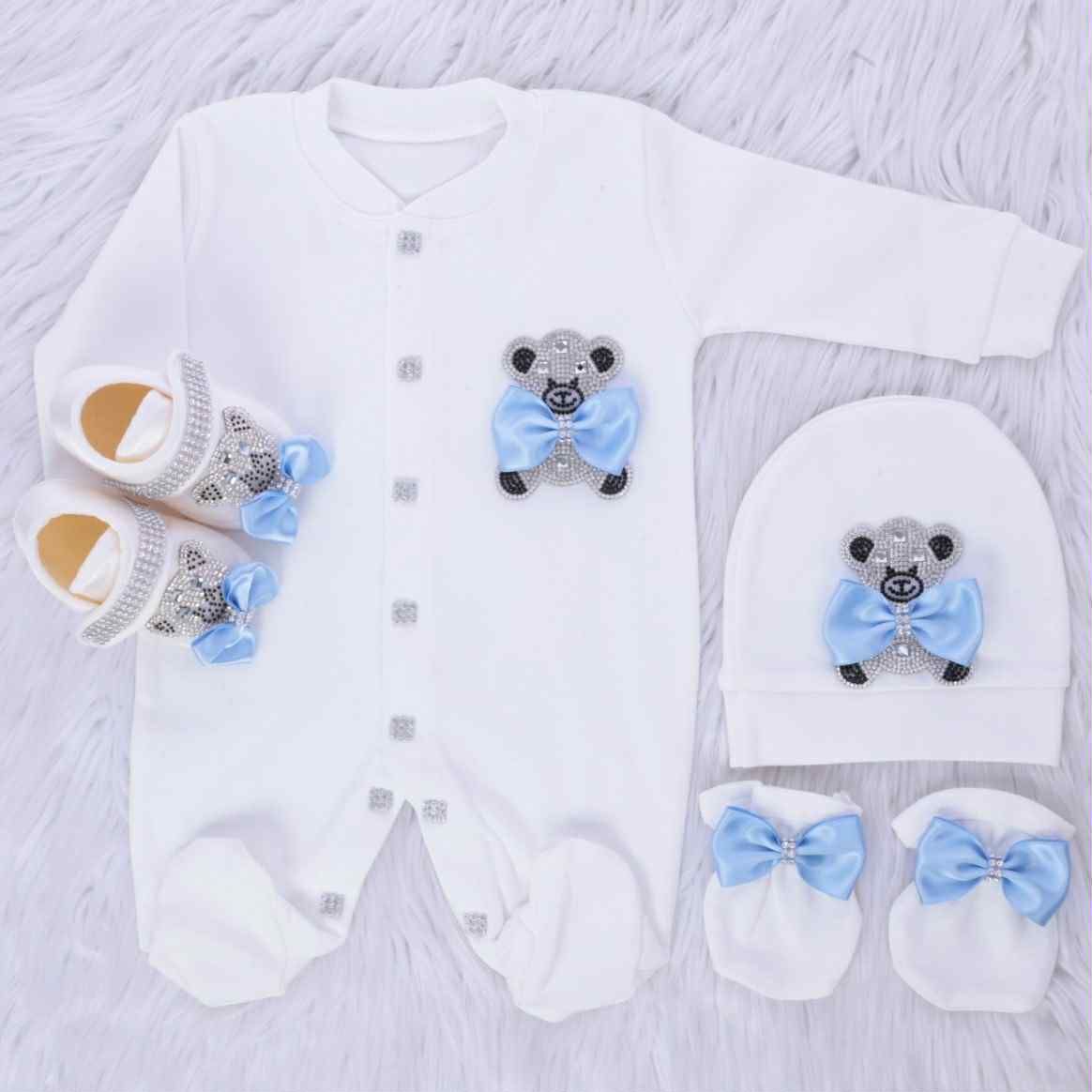 Handmade 𝗟𝘂𝘅𝘂𝗿𝘆 𝗡𝗲𝘄𝗯𝗼𝗿𝗻 Home Welcoming 6-Piece set ( light blue bow &amp; Silver bear)