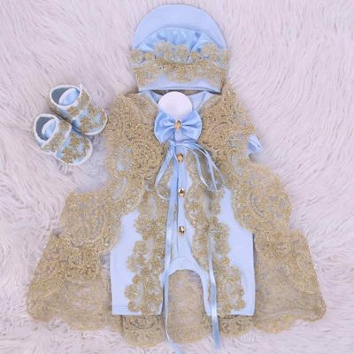 𝗟𝘂𝘅𝘂𝗿𝘆 𝗡𝗲𝘄𝗯𝗼𝗿𝗻 Home Welcoming 4-Piece set ( Blue Romper, Golden lace, )