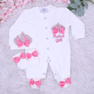 Exclusive Royal 3Piece Baby Hospital Exit Bling Outfit  (satin bow /  silver crown)