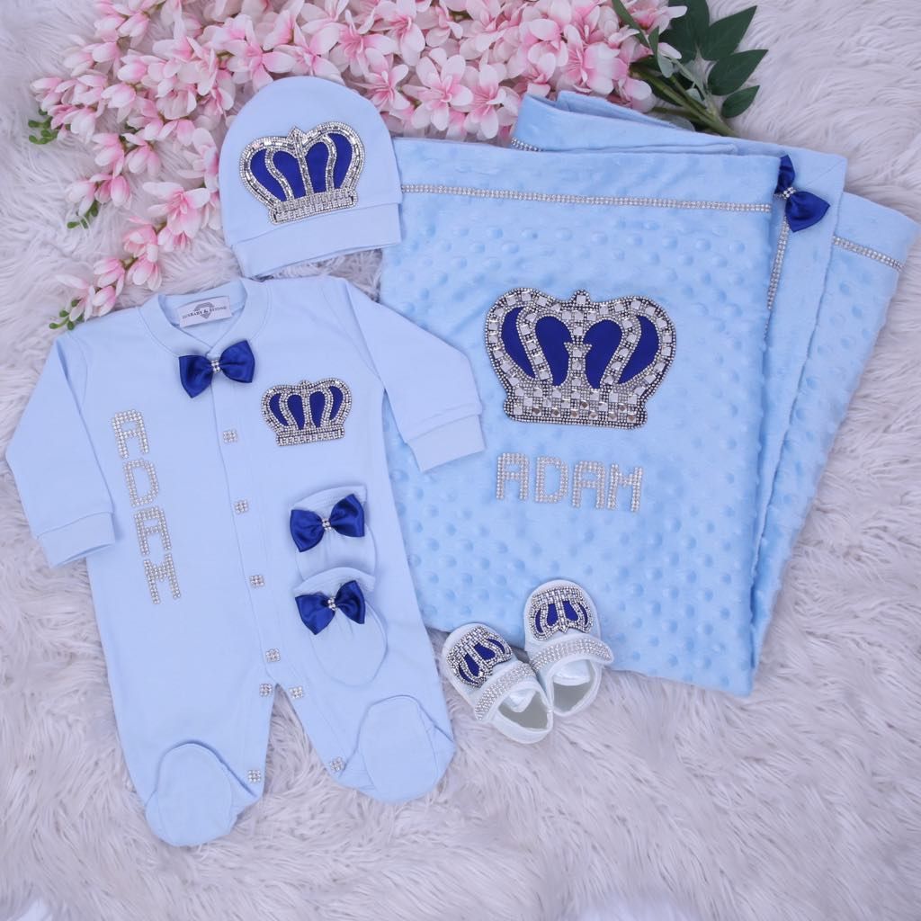 Handmade luxury Newborn Home Welcoming 5-Piece set ( Royal Blue bow, Silver crown)