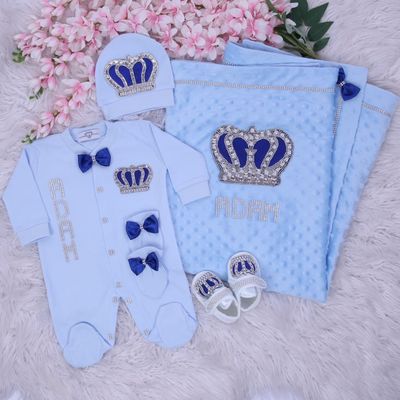 Handmade luxury Newborn Home Welcoming 5-Piece set ( Royal Blue bow, Silver crown)