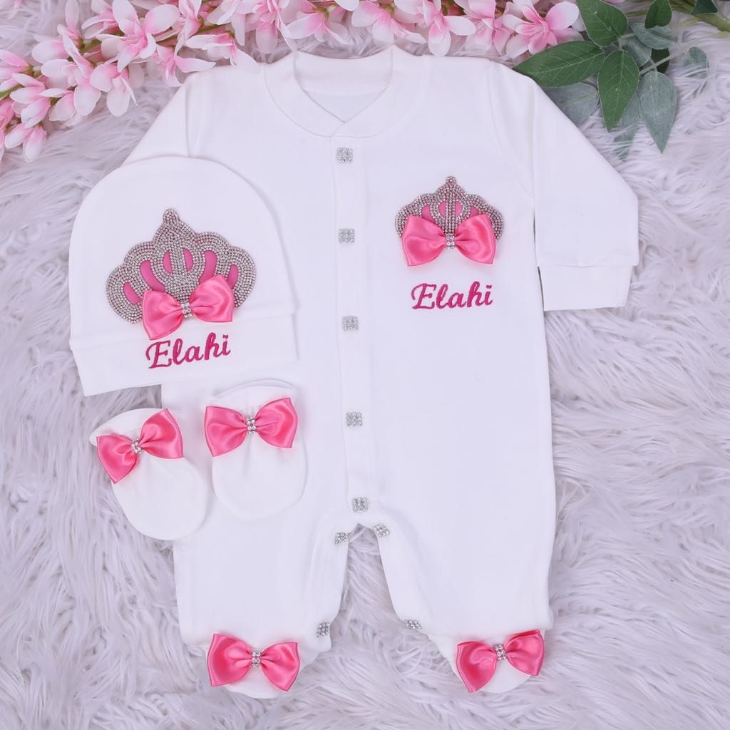 Exclusive Royal 4 Piece Hospital Exit Bling Outfit -Pink bow ,Silver crown