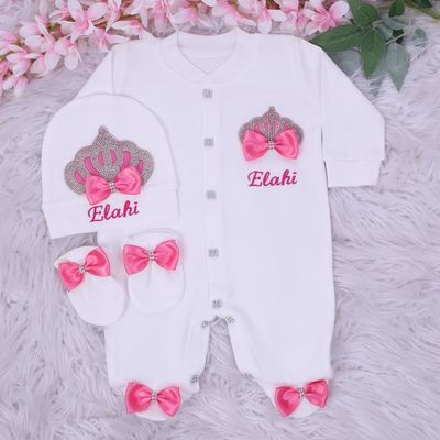 Exclusive Royal 4 Piece Hospital Exit Bling Outfit -Pink bow ,Silver crown