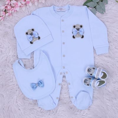 𝗟𝘂𝘅𝘂𝗿𝘆 𝗡𝗲𝘄𝗯𝗼𝗿𝗻 home welcoming 4-Piece set (light blue bow, cute bear )