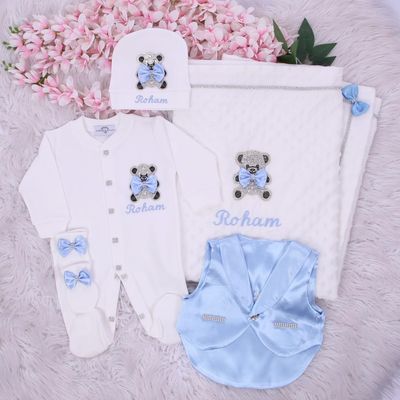 Handmade 𝗟𝘂𝘅𝘂𝗿𝘆 𝗡𝗲𝘄𝗯𝗼𝗿𝗻 Home Welcoming 5-Piece set ( light blue bow &amp; Silver bear)