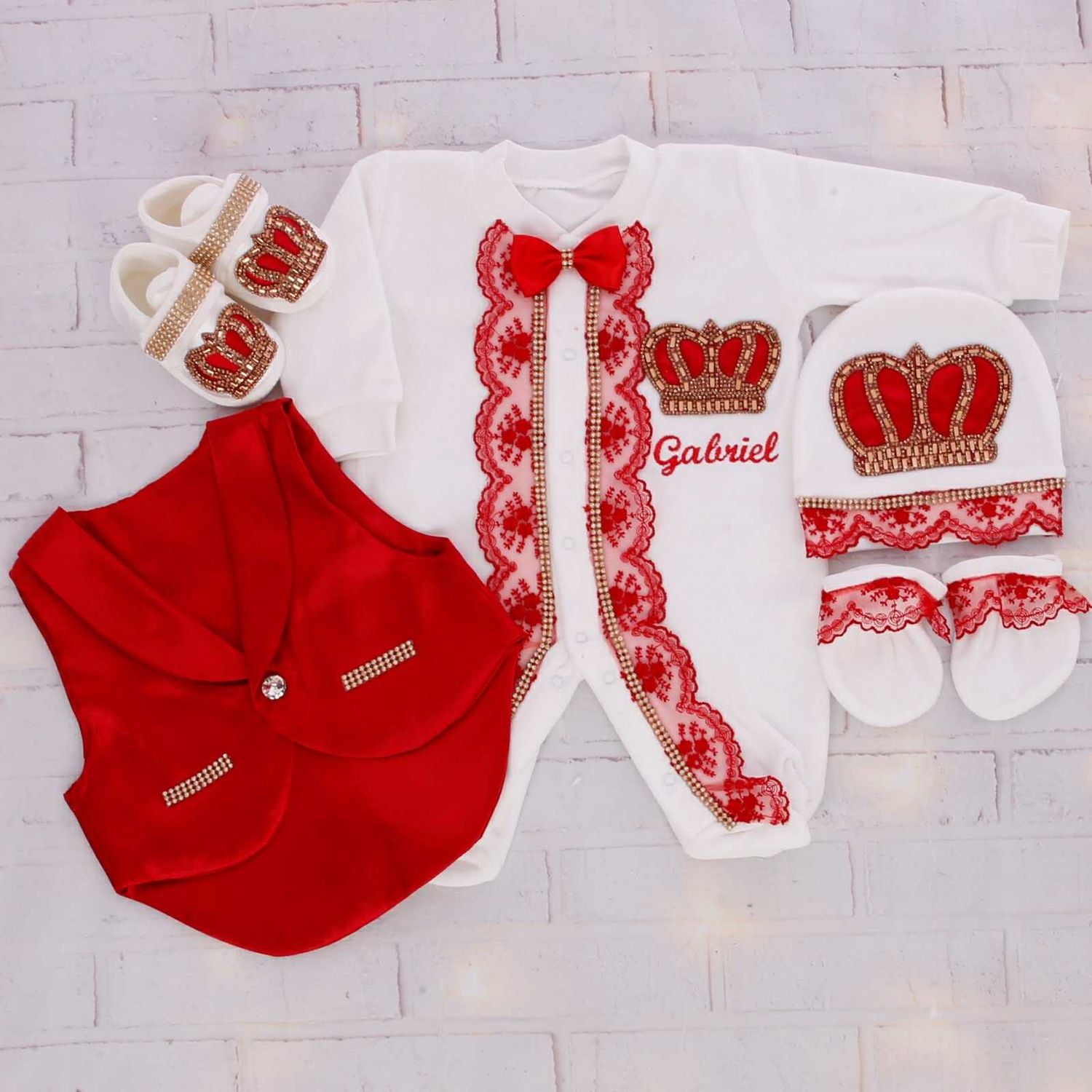 Luxury 8-Piece Baby boy Hospital Exit Outfit ( Red bow + Golden Crown)