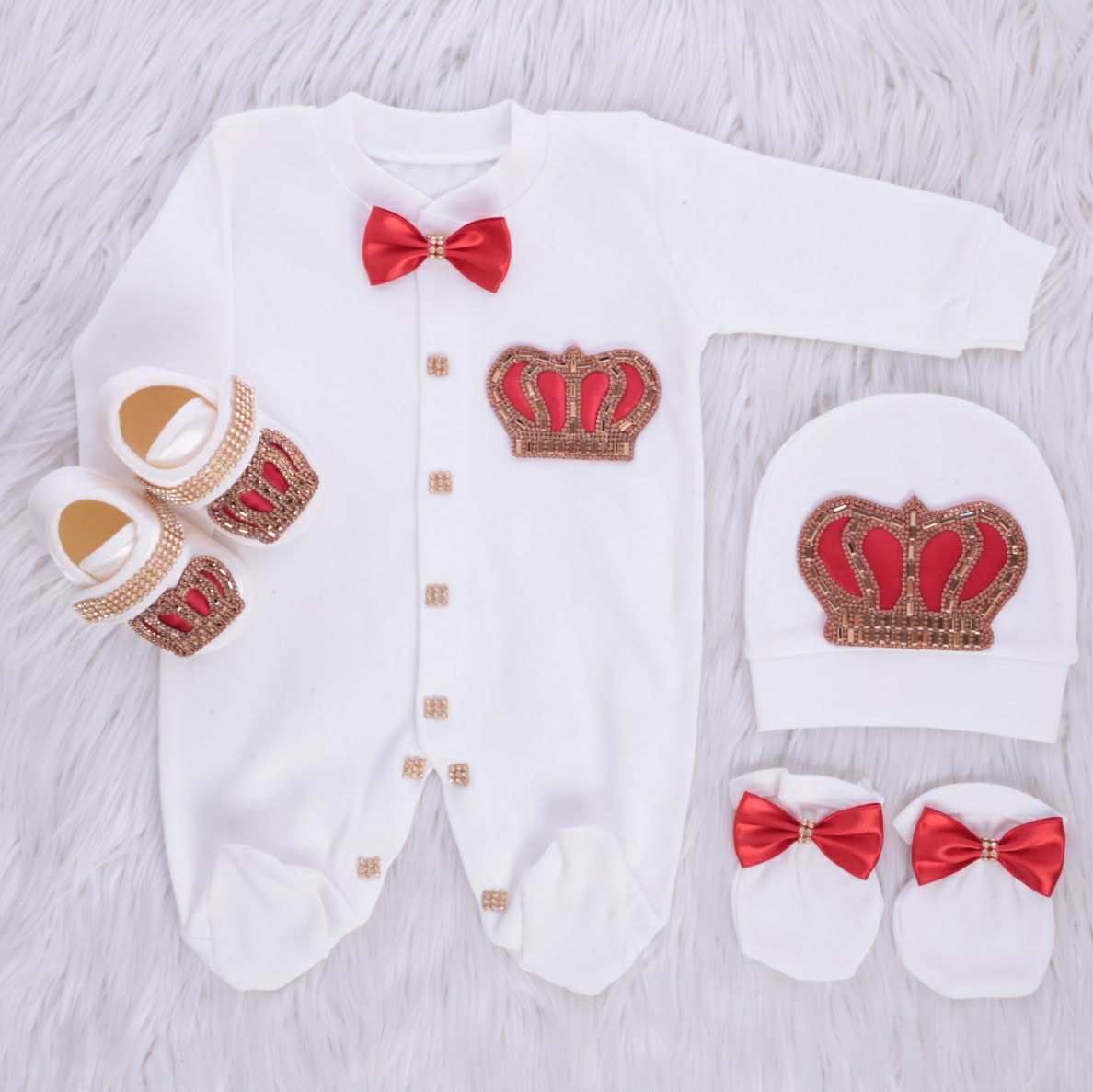 Luxury 6-Piece Baby boy Hospital Exit Outfit ( Red bow + Golden Crown)