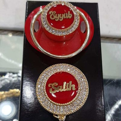 Handmade Personalised Rhinestone Baby Pacifier and clip (Red &amp; Golden)