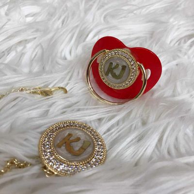 Handmade Personalised Rhinestone Baby Pacifier and clip (Red &amp; Golden)