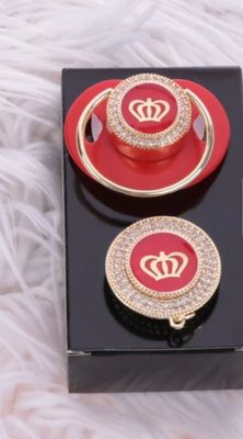 Handmade Personalised Rhinestone Baby Pacifier and Clip ( Red &amp; Golden)