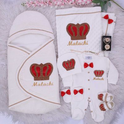 Luxury 6-Piece Baby boy Hospital Exit Outfit ( Red bow + Golden Crown)