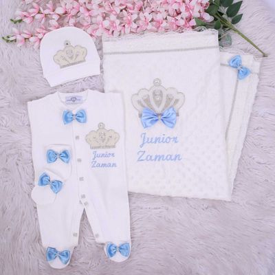 Handmade 𝗟𝘂𝘅𝘂𝗿𝘆 𝗡𝗲𝘄𝗯𝗼𝗿𝗻 Home Welcoming 4-Piece set ( Blue Bow , Pearl Crown)
