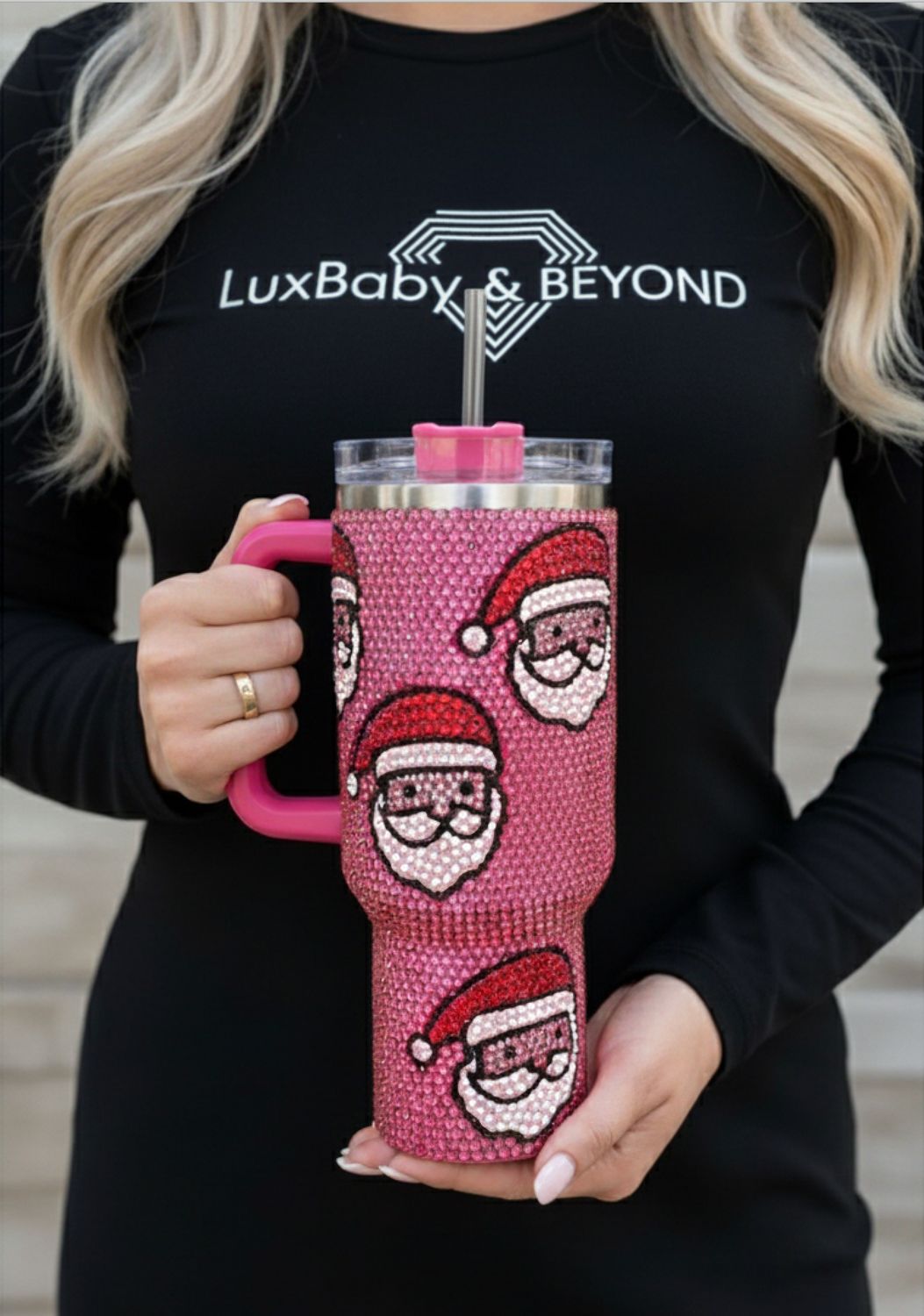 Handcrafted Luxury Santa Tumbler – The Ultimate Christmas Gift - HOT PINK - 40oz Insulated Cold COOL HOT Tumbler Handle and Straw, Stainless Steel Tumbler Car Mug Outdoor Sports Travel