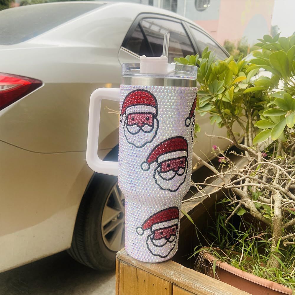 Handcrafted Luxury Santa Tumbler – The Ultimate Christmas Gift - (HOT PINK) - 40oz Insulated Cold COOL HOT Tumbler Handle and Straw, Stainless Steel Tumbler Car Mug Outdoor Sports Travel ( WHITE )