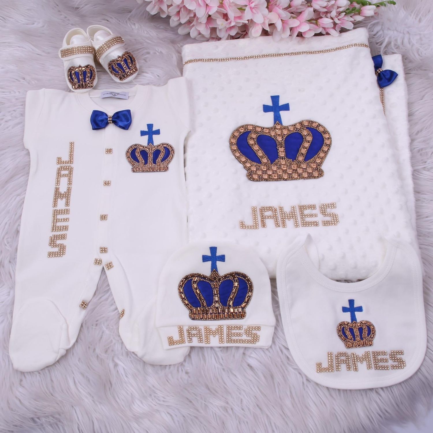 Luxury 5-Piece Baby boy Hospital Exit Outfit ( Royal Blue bow + golden Crown with cross)