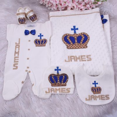 Luxury 5-Piece Baby boy Hospital Exit Outfit ( Royal Blue bow + golden Crown with cross)