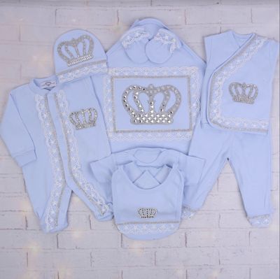 Luxury 10-Piece Baby boy Hospital Exit Outfit (Baby blue + Silver Crown)