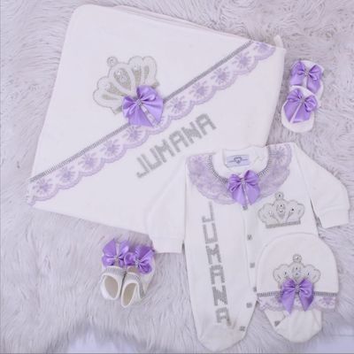 Luxury 5-Piece Baby Girl Hospital Exit Outfit (Lilac Lace &amp; bow, Pearl + Silver Crown)