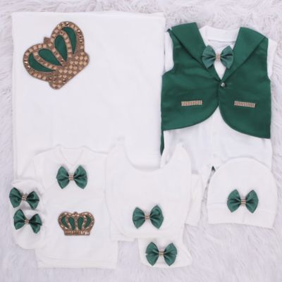 Luxury 8-Piece Baby boy Hospital Exit Outfit (Emerald green bow + Silver Crown)