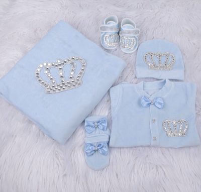 Handmade 𝗟𝘂𝘅𝘂𝗿𝘆 𝗡𝗲𝘄𝗯𝗼𝗿𝗻 Home Welcoming 5-Piece set ( Silver  crown/ light blue bow )