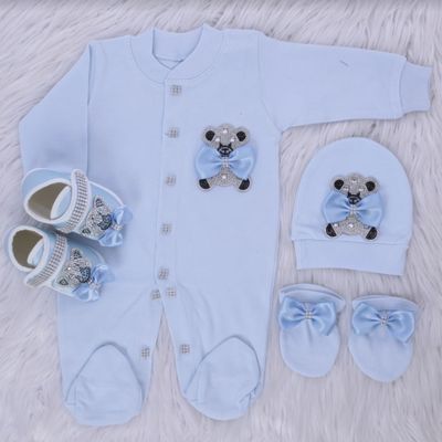𝗟𝘂𝘅𝘂𝗿𝘆 𝗡𝗲𝘄𝗯𝗼𝗿𝗻 home welcoming 4-Piece set (light blue bow, cute bear )