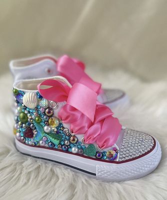 Handmade Little Mermaid Shoes | Blinged Kids High top Sneakers | Birthday Party Shoes | Toddler Girls