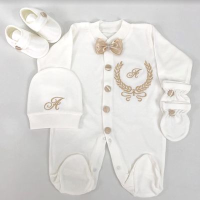 𝗟𝘂𝘅𝘂𝗿𝘆 𝗡𝗲𝘄𝗯𝗼𝗿𝗻 home welcoming/ christening 4-Piece set (creamy golden bow )