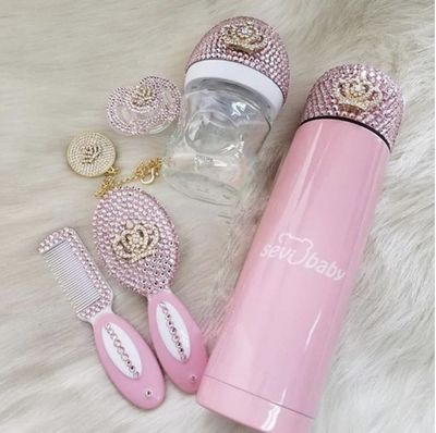 Pacifier &amp; Clip + Pacifier Box + Bottle + Thermo Bottle  + Brush Set ( pink Bling)