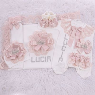 Handmade 𝗟𝘂𝘅𝘂𝗿𝘆 𝗡𝗲𝘄𝗯𝗼𝗿𝗻 Home Welcoming 5-Piece set ( Blush bow &amp;  lace / Silver Crown)