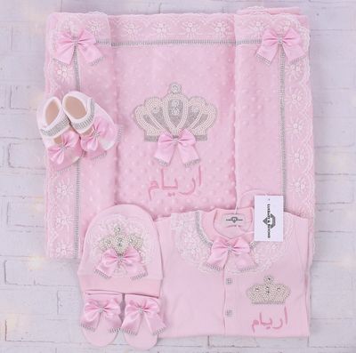 Handmade 𝗟𝘂𝘅𝘂𝗿𝘆 𝗡𝗲𝘄𝗯𝗼𝗿𝗻 Home Welcoming 5-Piece set ( Pink bow / white lace / Pearl Crown)