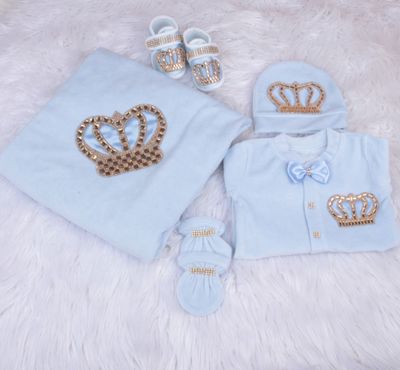 Handmade 𝗟𝘂𝘅𝘂𝗿𝘆 𝗡𝗲𝘄𝗯𝗼𝗿𝗻 Home Welcoming 5-Piece set ( Golden crown/ light blue bow )