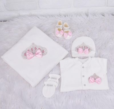 Handmade 𝗟𝘂𝘅𝘂𝗿𝘆 𝗡𝗲𝘄𝗯𝗼𝗿𝗻 Home Welcoming 5-Piece set ( silver crown/pink bow )