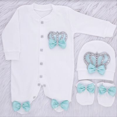 Exclusive Royal 3Piece Baby boy Hospital Exit Bling Outfit  (Pastel green bow / paste bow / Silver Crown)