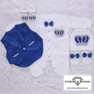 Luxury handmade 5-piece baby boy hospital exit cotton and satin outfit set ( Royal Blue )