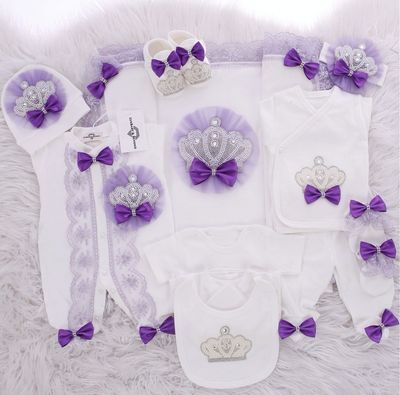 Luxury 12-Piece Baby Girl Hospital Exit Outfit (Purple lace &amp; bow, Pearl + Silver Crown)