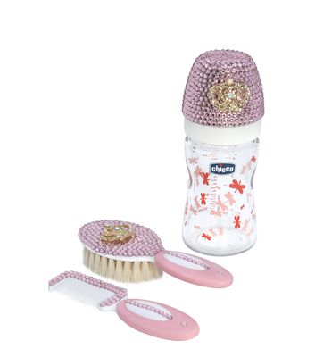 Handmade Rhinestone Baby Girl Bottle + Brush Set