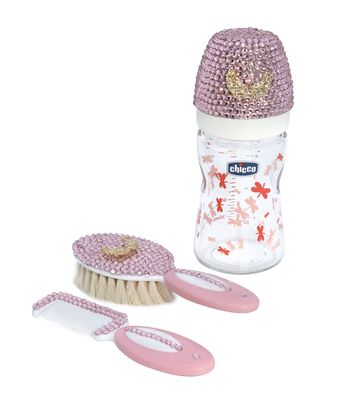 Handmade Rhinestone Baby Girl Bottle + Brush Set