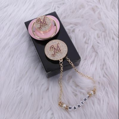 Handmade Personalised Rhinestone Baby Pacifier and Clip ( light Pink)