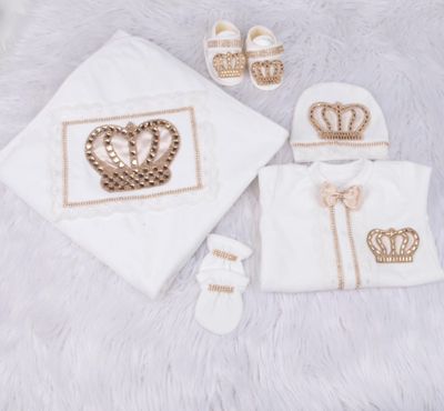 Handmade 𝗟𝘂𝘅𝘂𝗿𝘆 𝗡𝗲𝘄𝗯𝗼𝗿𝗻 Home Welcoming 5-Piece set ( White Lace  /Golden crown/ cream bow )