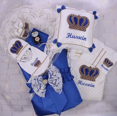 Luxury 9-Piece Blue Baby Boy Hospital Exit Outfit (Royal blue bow + Golden Crown)