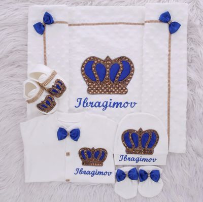 Luxury 5-Piece Blue Baby Boy Hospital Exit Outfit (Royal blue bow + Golden Crown)