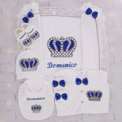 Luxury 6-Piece baby boy Hospital Exit Outfit ( Royal blue bow + Silver Crown)