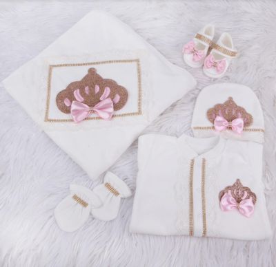 Handmade 𝗟𝘂𝘅𝘂𝗿𝘆 𝗡𝗲𝘄𝗯𝗼𝗿𝗻 Home Welcoming 5-Piece set ( white Lace  /golden crown/ pink bow )