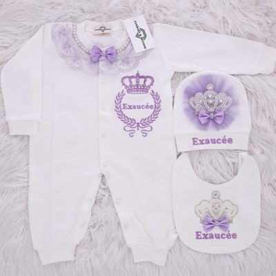 𝗟𝘂𝘅𝘂𝗿𝘆 𝗡𝗲𝘄𝗯𝗼𝗿𝗻 Home Welcoming 3-Piece set ( Lilac lace, White pearl crown )