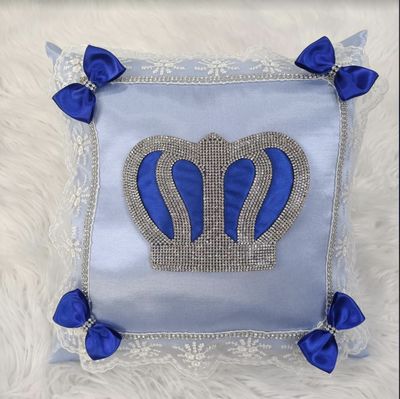 Luxury light blue Satin Pillow Case (Royal Blue bow + Silver Crown)