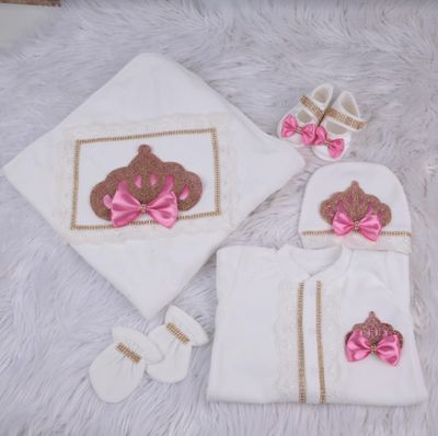 Handmade 𝗟𝘂𝘅𝘂𝗿𝘆 𝗡𝗲𝘄𝗯𝗼𝗿𝗻 Home Welcoming 5-Piece set ( white Lace  /golden crown/hot pink bow )